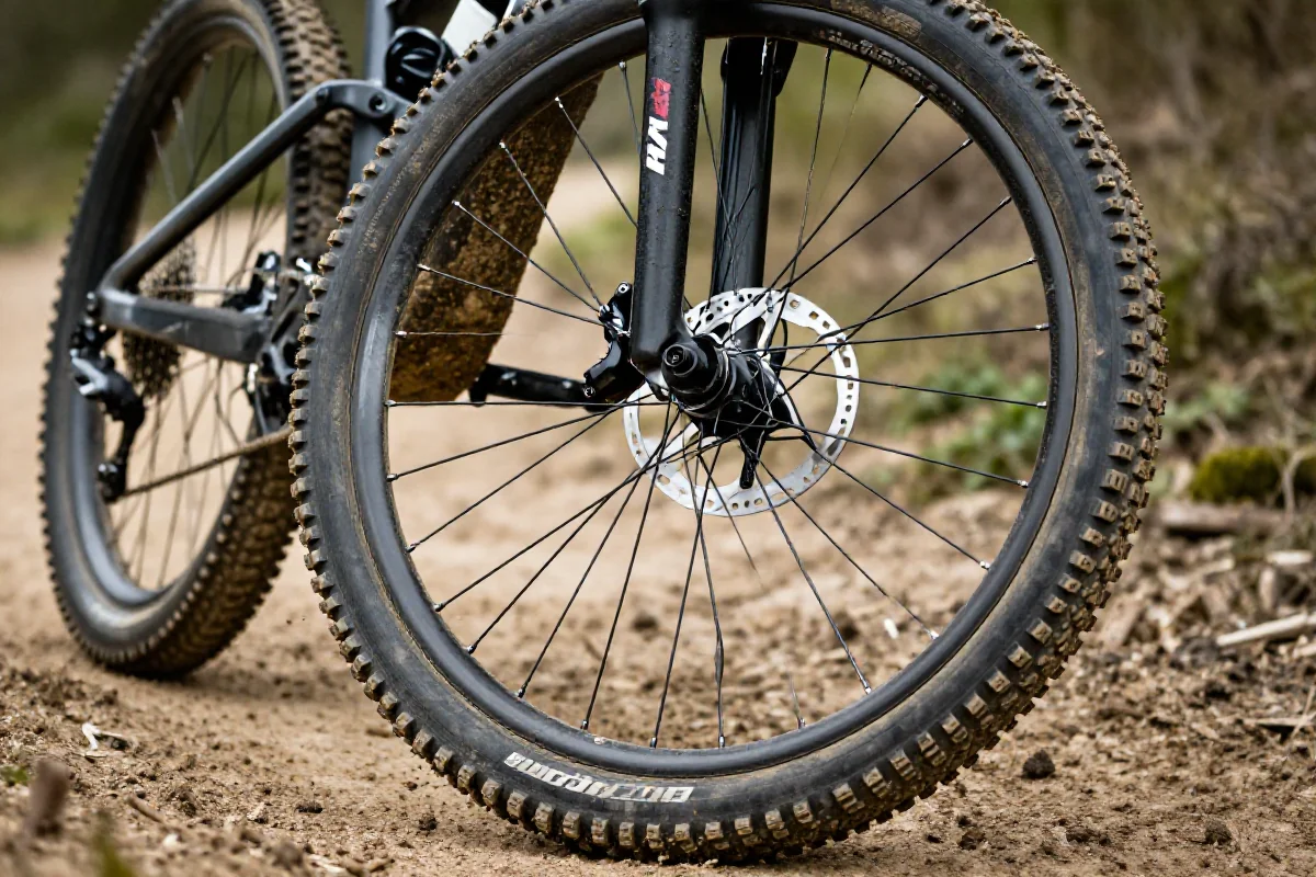 Błotniste opony roweru górskiego na trudnym terenie