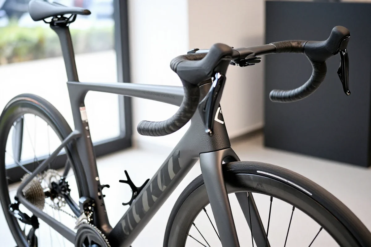 Szczegóły roweru szosowego z lekką ramą i wyścigowymi kołami