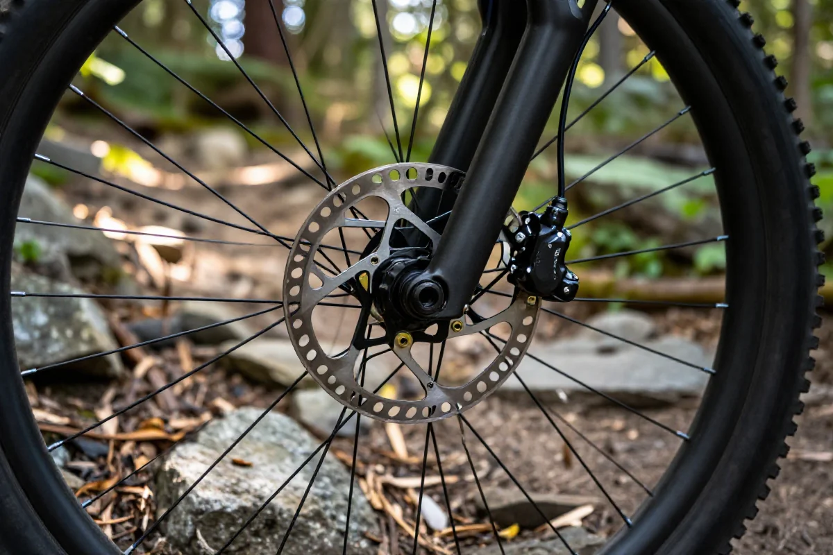 Nowoczesny system hamulcowy roweru górskiego na szlaku w lesie.