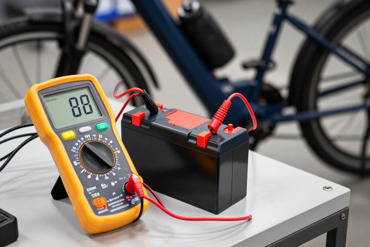 Testowanie baterii e-bike na stole warsztatowym z multimetrą.