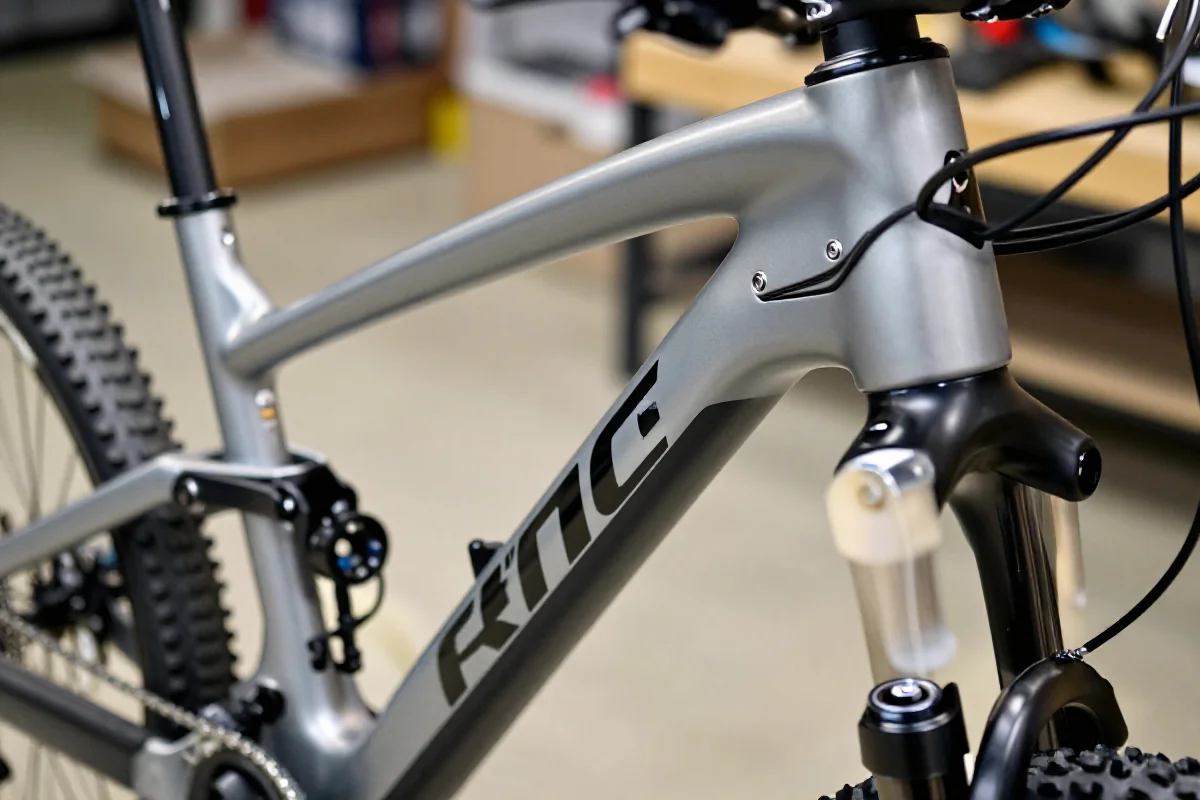 Szczegóły ramy roweru górskiego z wewnętrznym prowadzeniem linek.