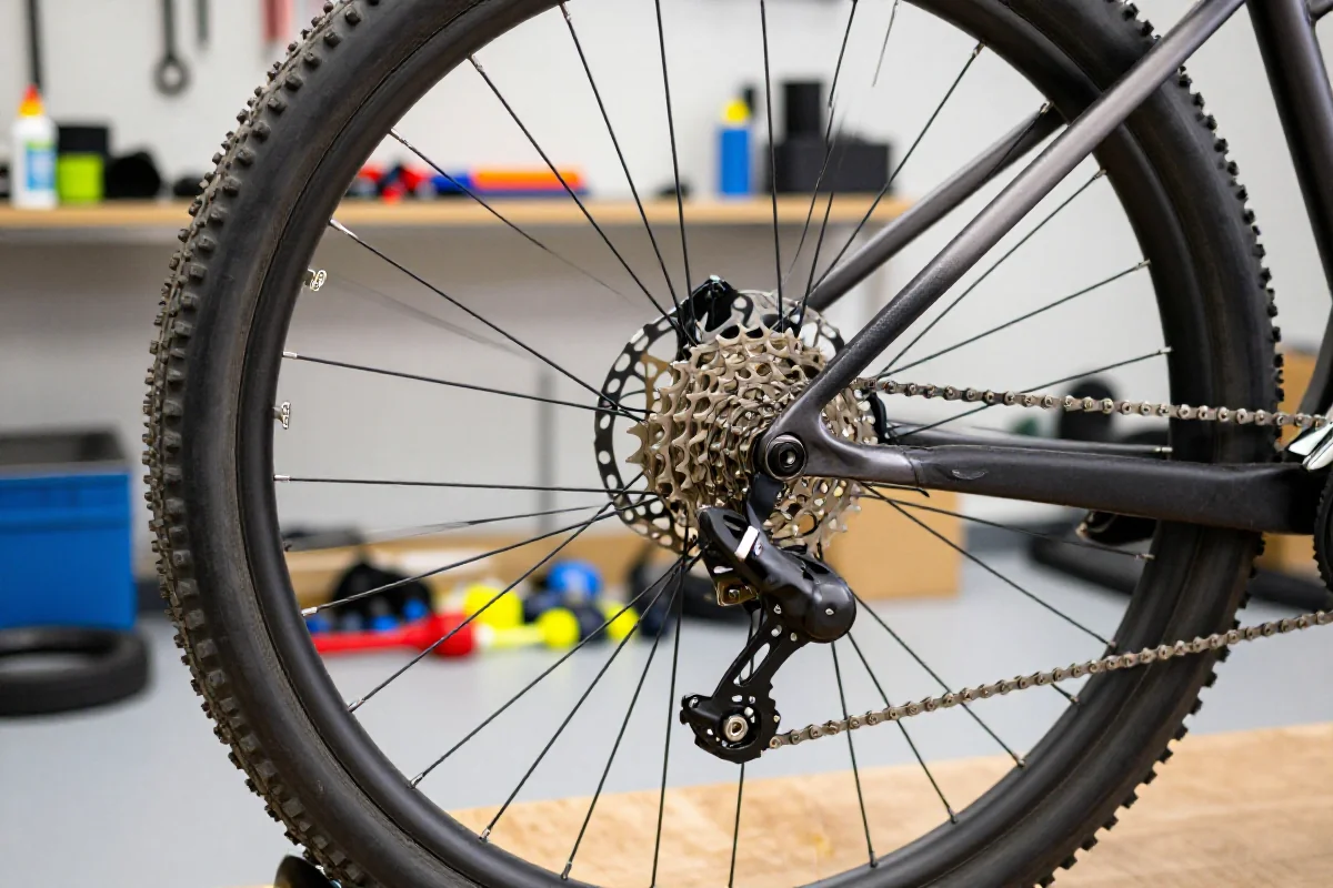 Zbliżenie na rower górski w warsztacie, pokazujące kluczowe komponenty.