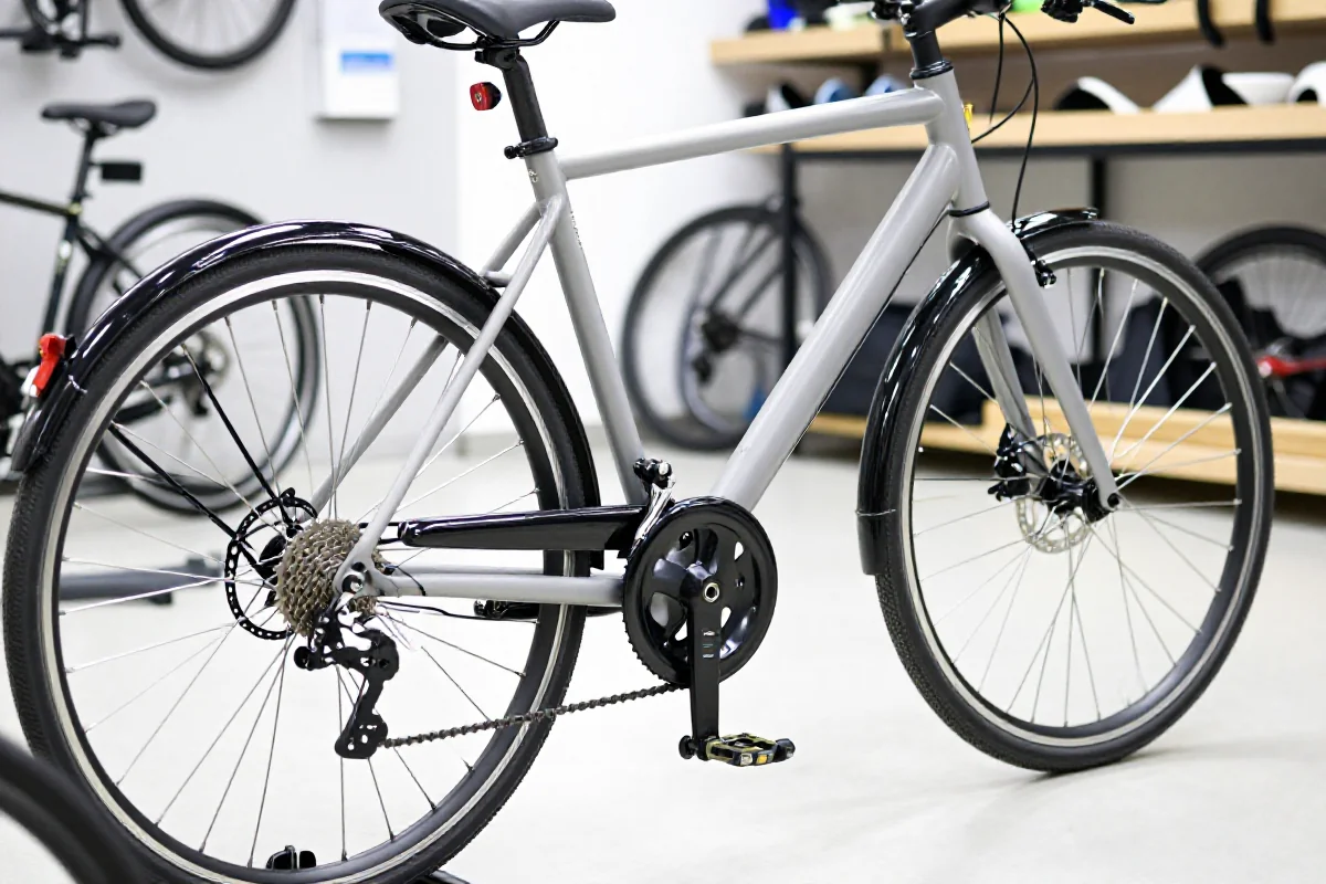 Czysty rower miejski w warsztacie, przygotowany do sprzedaży.