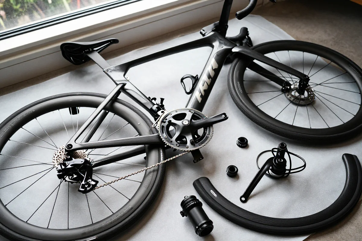 Rozmontowany rower szosowy przygotowany do transportu lotniczego.