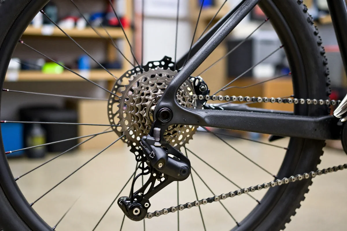 Rower górski z bliska, pokazujący napęd i hamulce, gotowy do jazdy w deszczu.