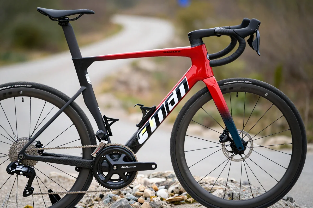 Szczegółowy widok na ramę roweru szosowego z komponentami technicznymi.