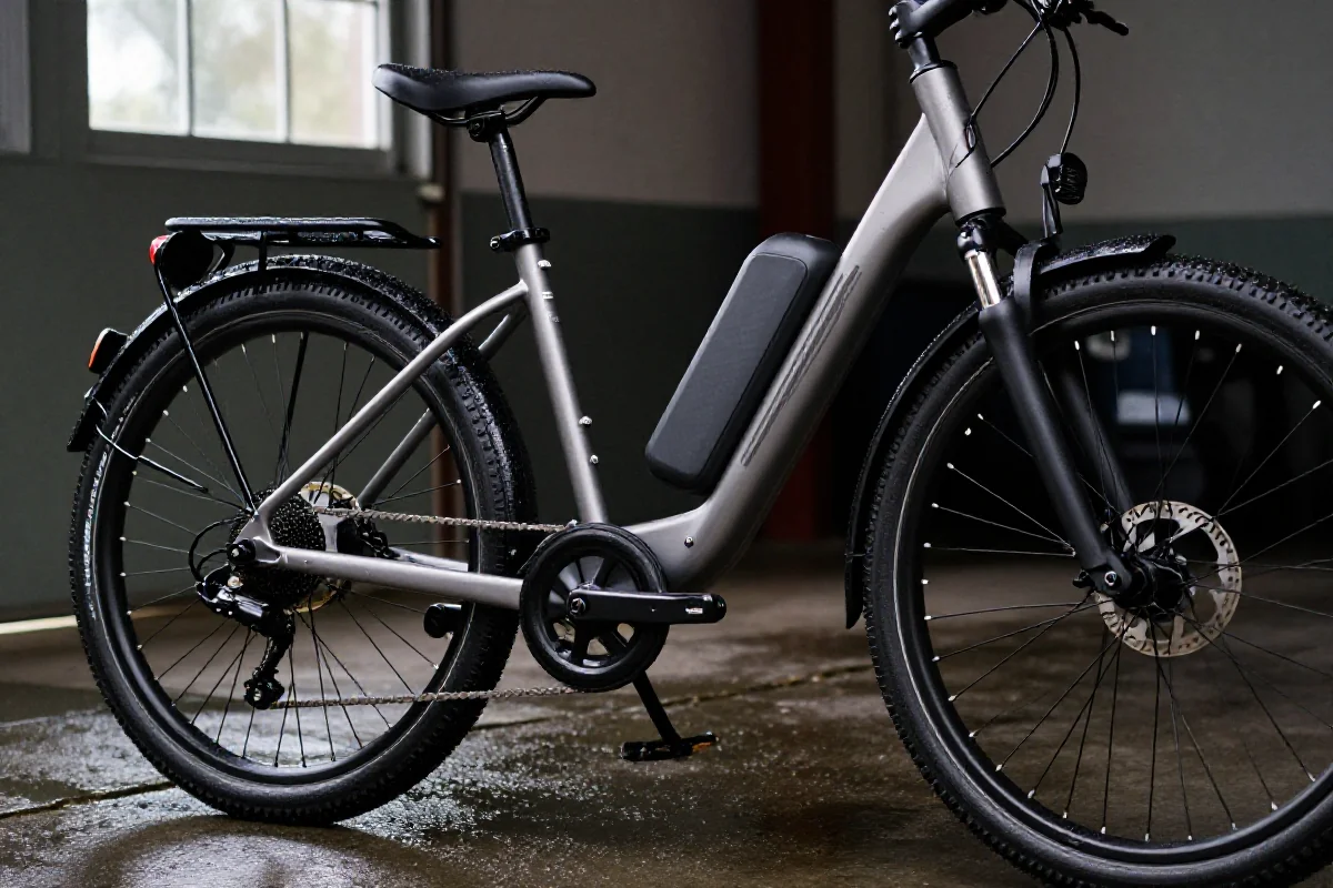 Rower elektryczny przygotowany do jazdy w deszczu z błotnikami i uszczelnieniami.