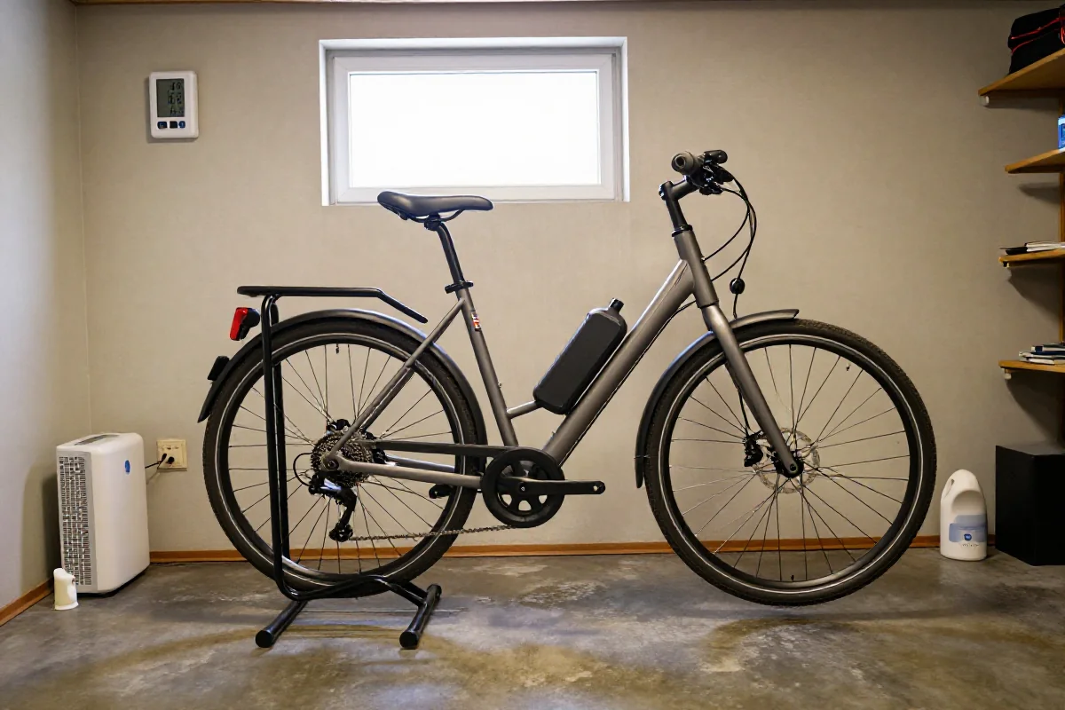 Rower elektryczny w suchej piwnicy, przygotowanej do przechowywania e-bike'a.