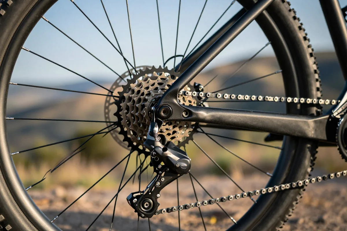 Szczegóły układu zębatek roweru górskiego w pięknym krajobrazie.