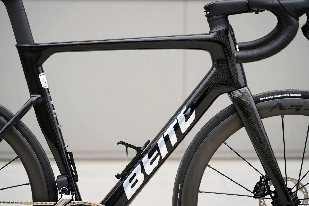 Szczegóły wysokiej jakości ramy roweru szosowego, ukazujące jego techniczne wykończenie.