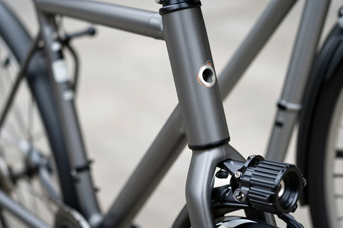 Zbliżenie na ramę roweru miejskiego z numerem identyfikacyjnym.