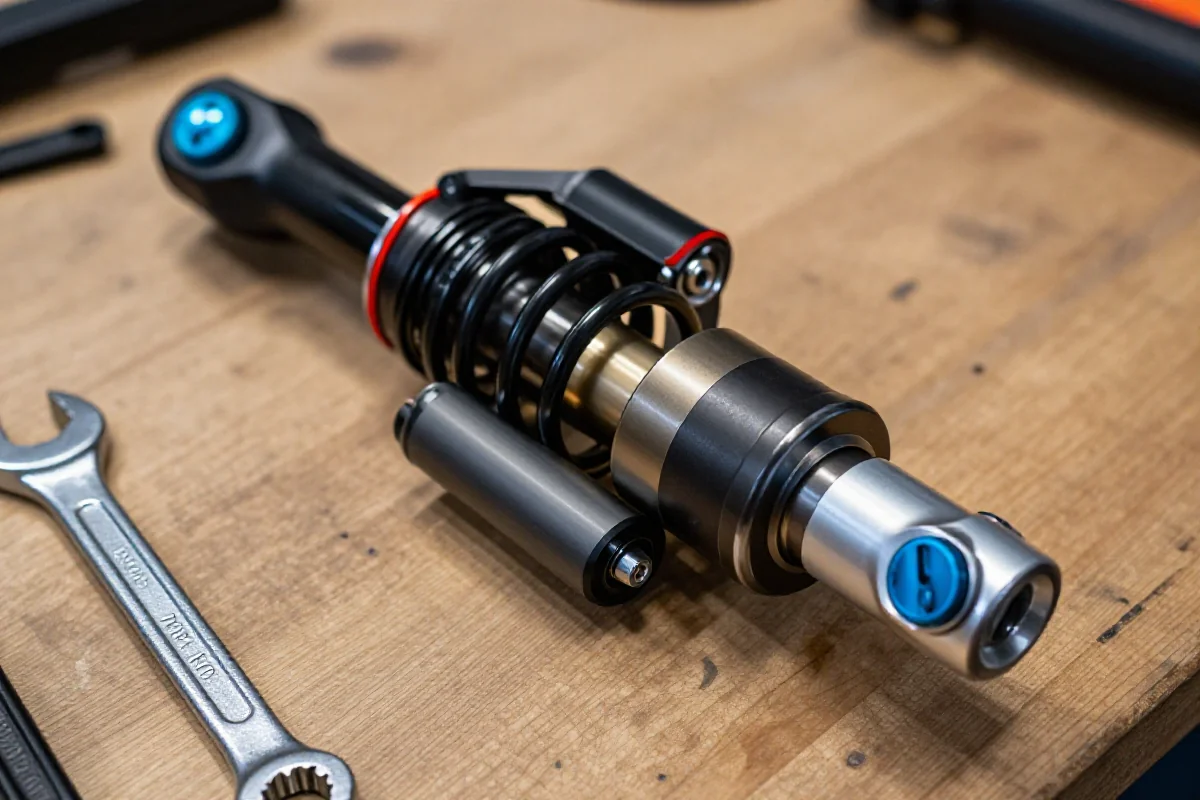 Amortyzator powietrzny na stole warsztatowym z narzędziami do serwisu