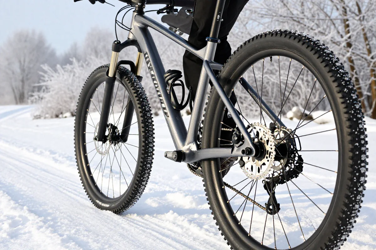Rower górski przystosowany do zimowej jazdy na śniegu.