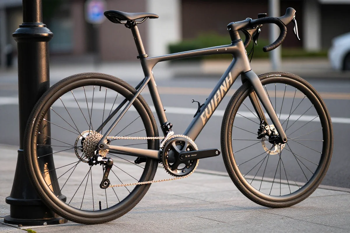 Nowoczesny rower na chodniku, przygotowany na kontrolę policyjną.