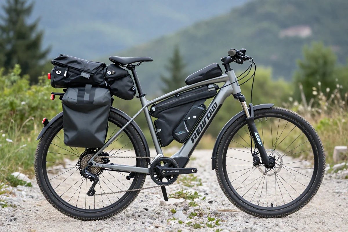 Rower elektryczny z sakwami na bikepacking w malowniczym terenie.