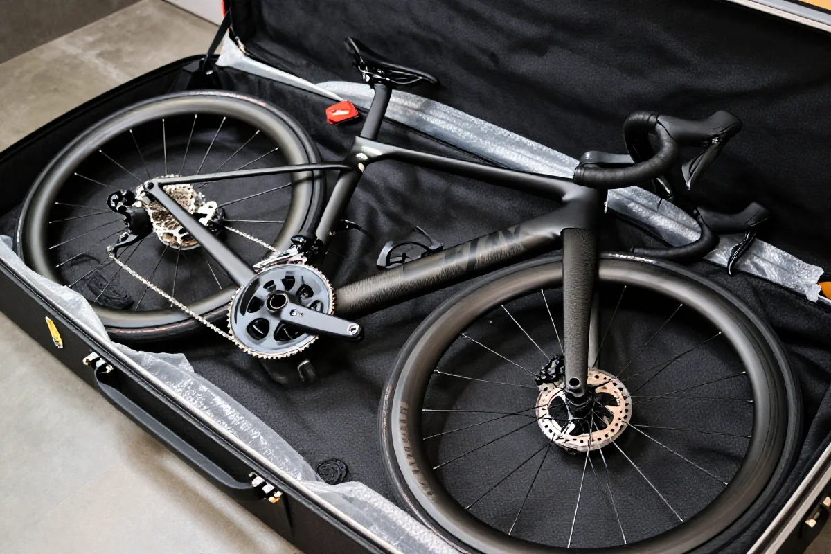 Rower szosowy pakowany do walizki transportowej z elementami zabezpieczającymi