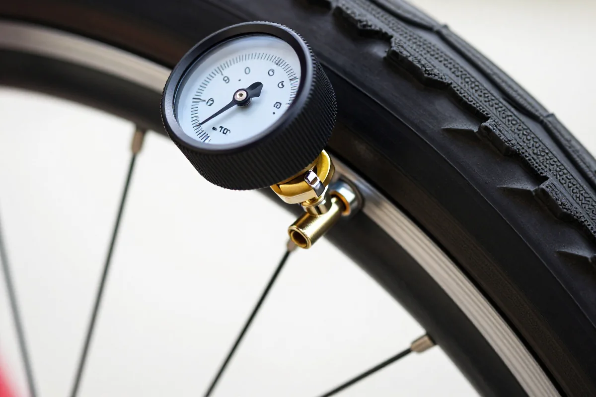 Zbliżenie na wentyl opony roweru elektrycznego z manometrem.