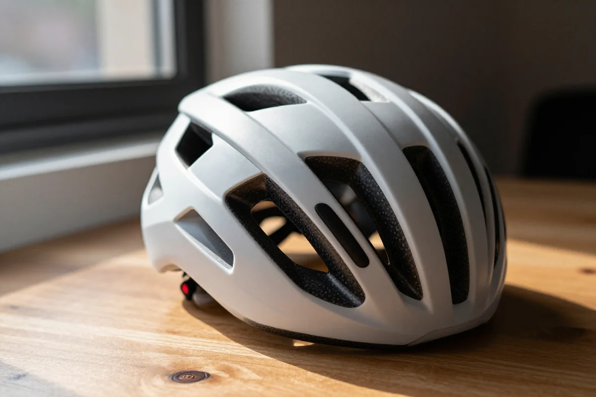 Kask rowerowy na stole, pokazujący cechy bezpieczeństwa i designu.