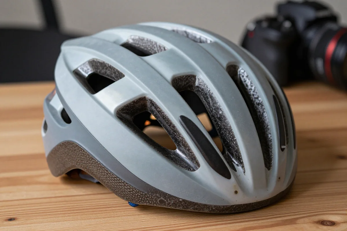 Zbliżenie na kask rowerowy z widocznymi uszkodzeniami i oznakami zużycia.