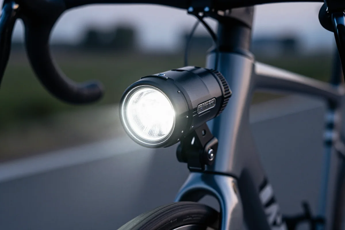 Oświetlenie roweru szosowego zgodne z przepisami, z jasnym przednim światłem.