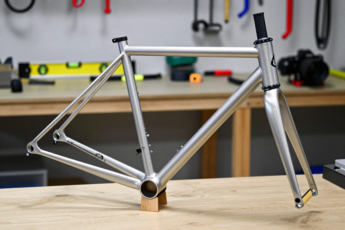 Rama używanego roweru miejskiego na stojaku, szczegóły inspekcji ramy