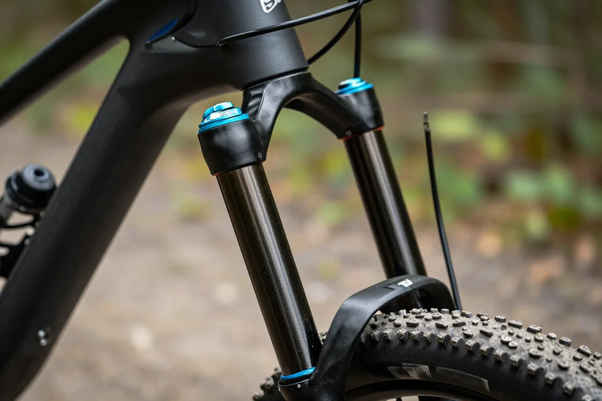 Zbliżenie widoku amortyzatora przedniego roweru górskiego na tle leśnej ścieżki.