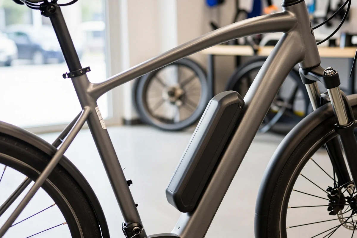 Szczegółowa inspekcja elektrycznego roweru w warsztacie, ze szczególnym uwzględnieniem ramy.