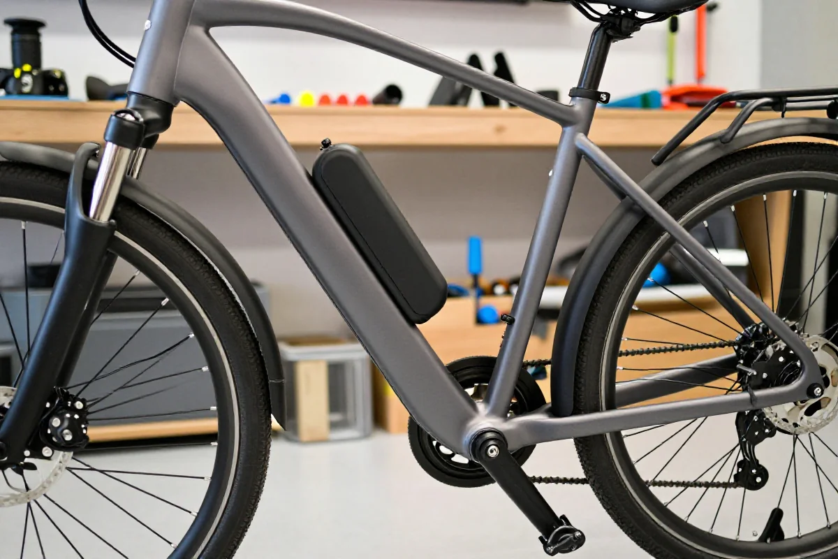 Zbliżenie na komponenty roweru elektrycznego w warsztacie