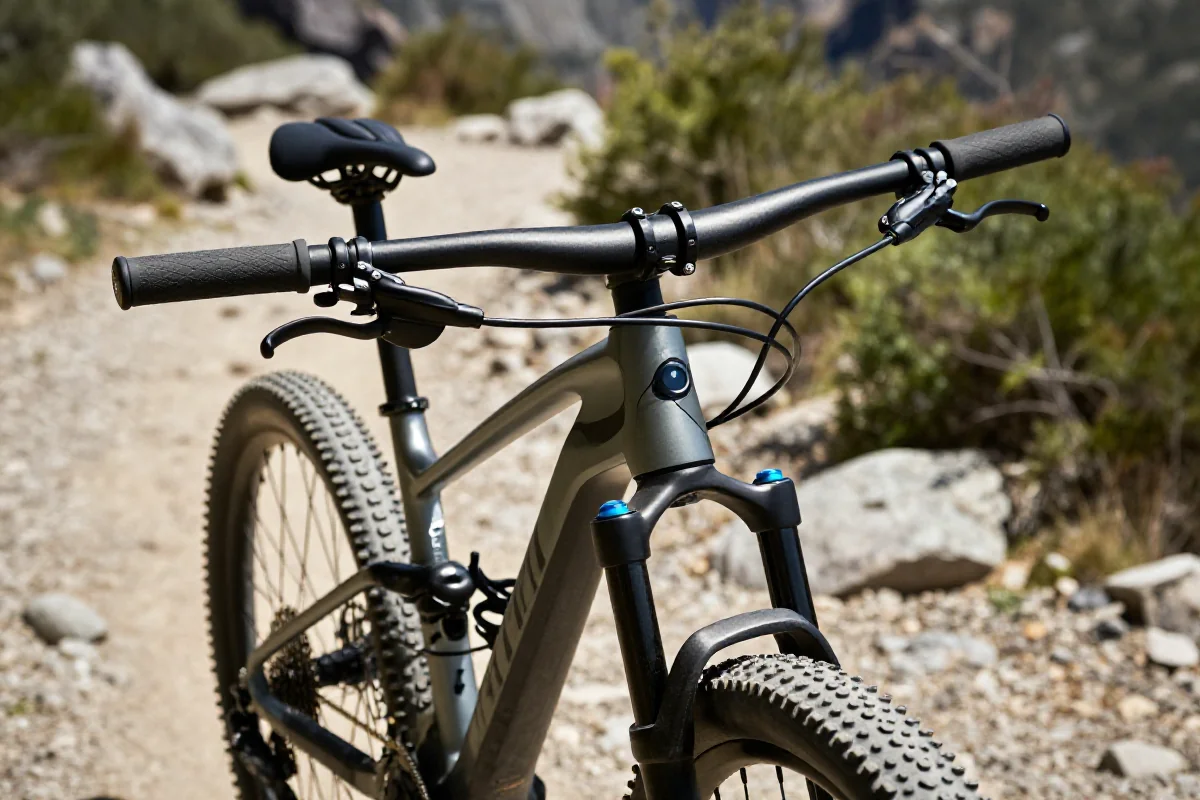 Rower górski na szlaku, z widocznymi detalami komponentów i akcesoriów.