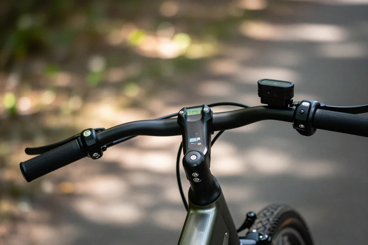 Rower elektryczny z widokiem na kierownicę i wyświetlacz prędkości.