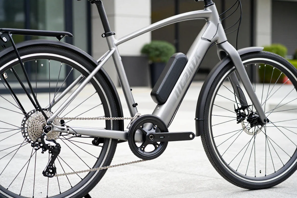 Zbliżenie na drogi rower elektryczny z nowoczesnym napędem i akumulatorem.