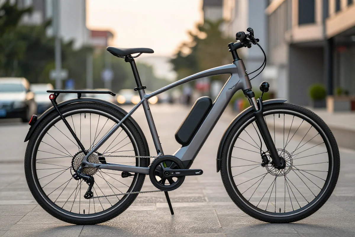 Nowoczesny rower elektryczny zabezpieczony w miejskim otoczeniu.