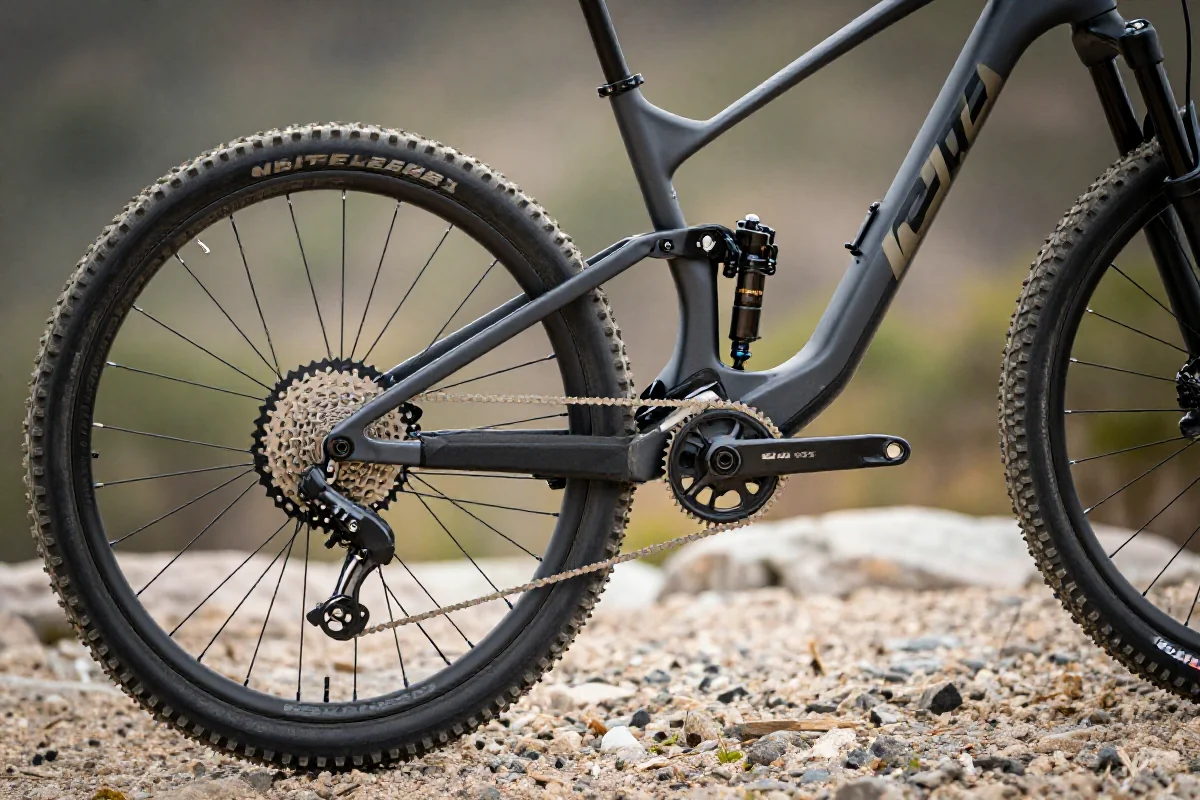 Szczegóły techniczne używanego roweru górskiego na tle przyrody.
