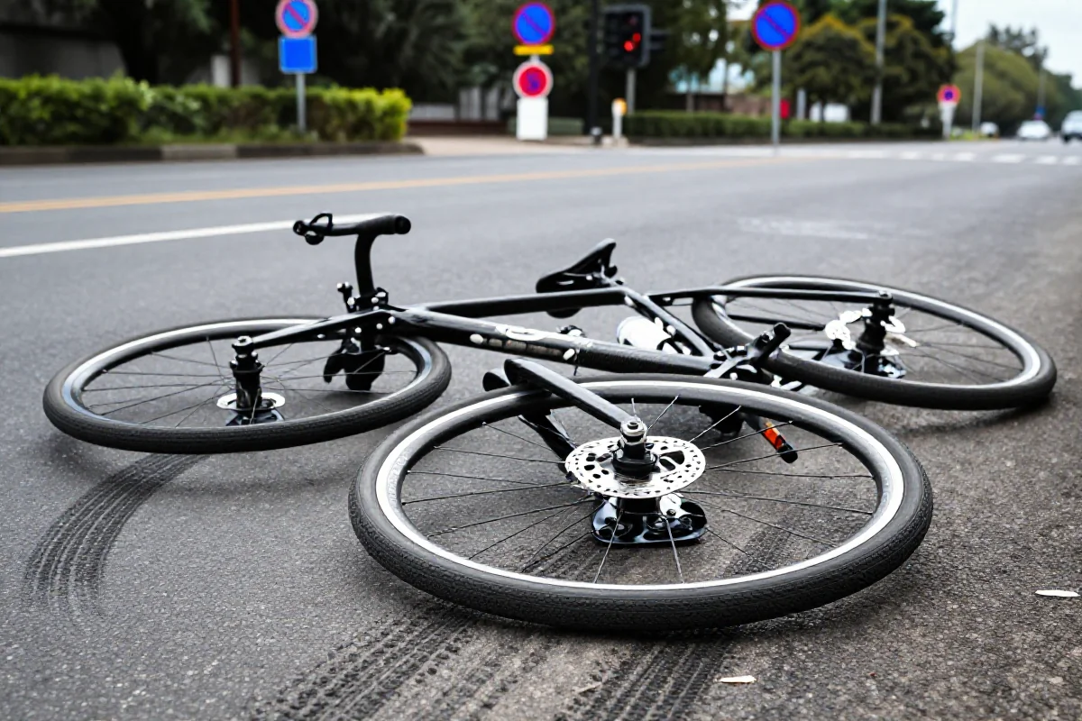 Uszkodzony rower szosowy na miejscu wypadku rowerowego.