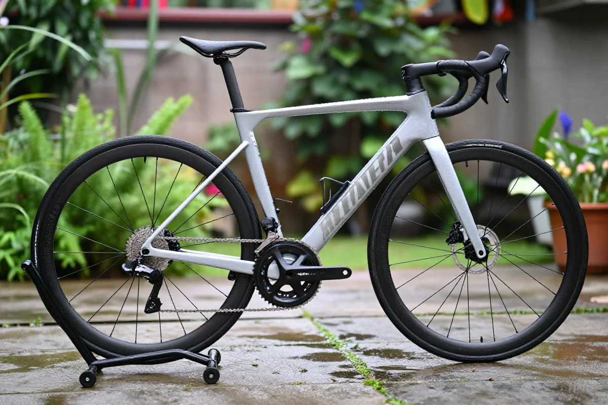 Czyszczenie roweru szosowego po jeździe w deszczu w ogrodzie.