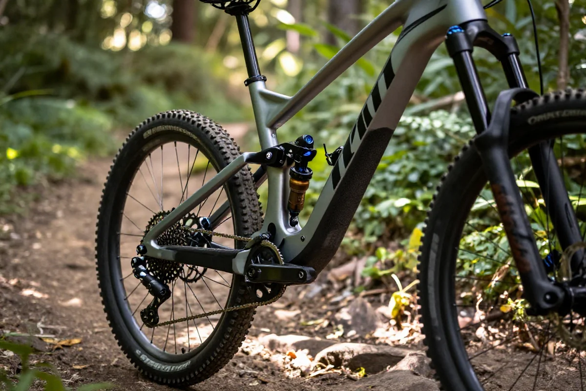 Nowoczesny rower górski na szlaku, ukazujący techniczne detale zawieszenia.
