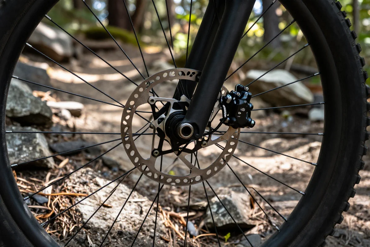 Hydrauliczne hamulce tarczowe w rowerze górskim na skalistej trasie