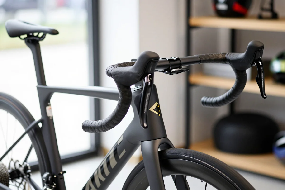 Szczegółowe zdjęcie ramy roweru szosowego i systemu regulacji kierownicy.