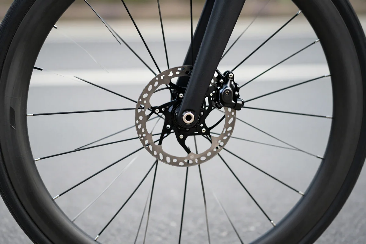 Widok na hydrauliczne hamulce tarczowe roweru szosowego na asfalcie.