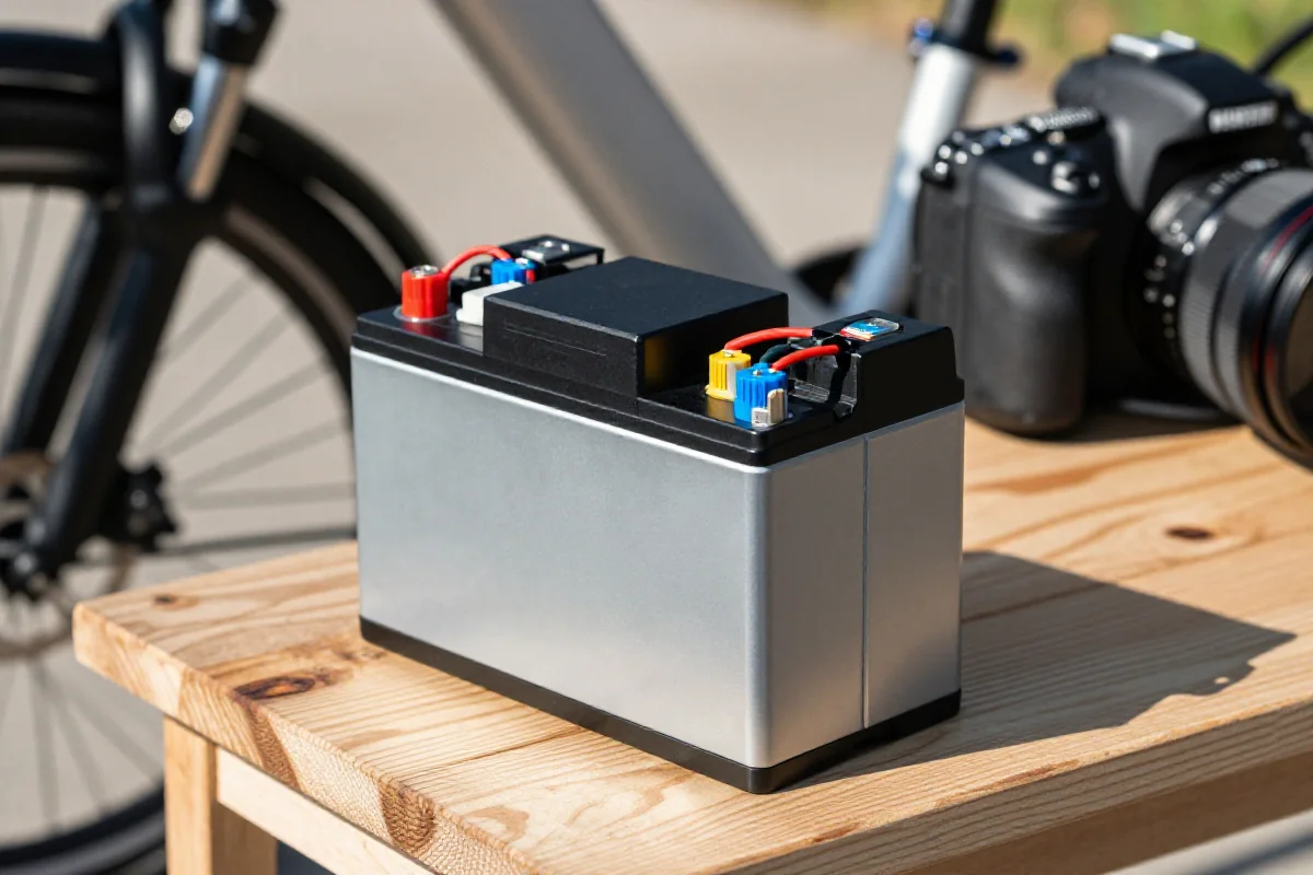 Akumulator litowo-jonowy roweru elektrycznego na tle słonecznego dnia.