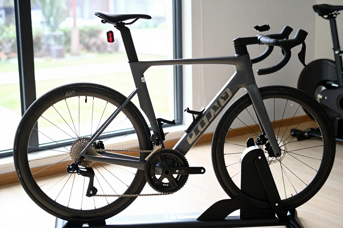 Trenażer rowerowy z wysokiej jakości rowerem szosowym, przygotowany do testu FTP.