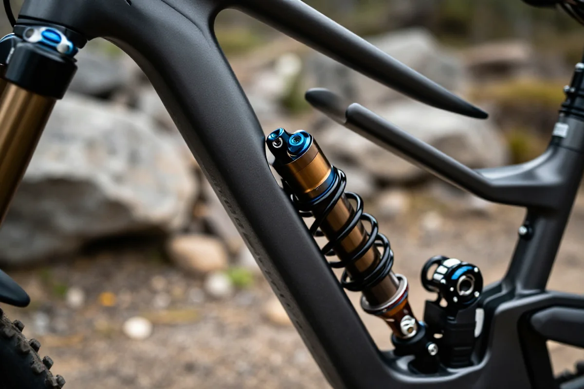 Zbliżenie na amortyzator rowerowy z ustawieniami kompresji na kamienistej trasie.