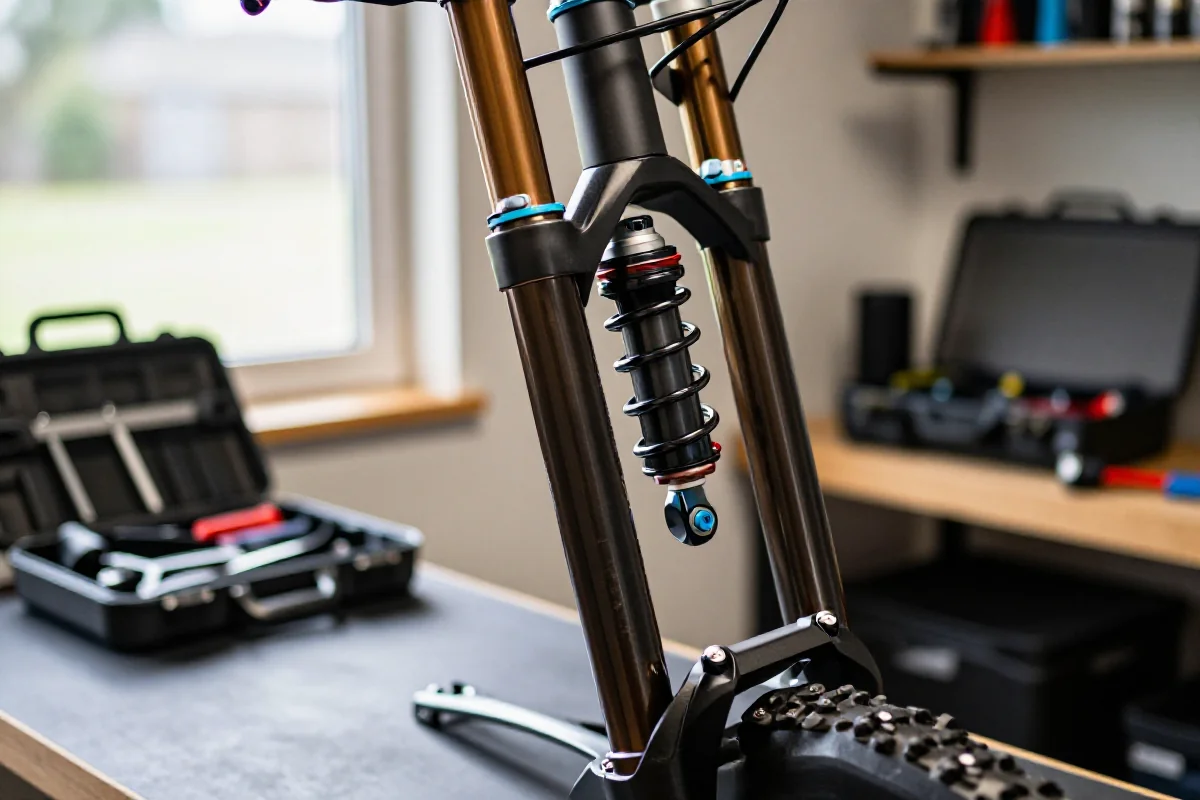 Regulacja SAG w widelcu powietrznym roweru górskiego w profesjonalnym warsztacie.