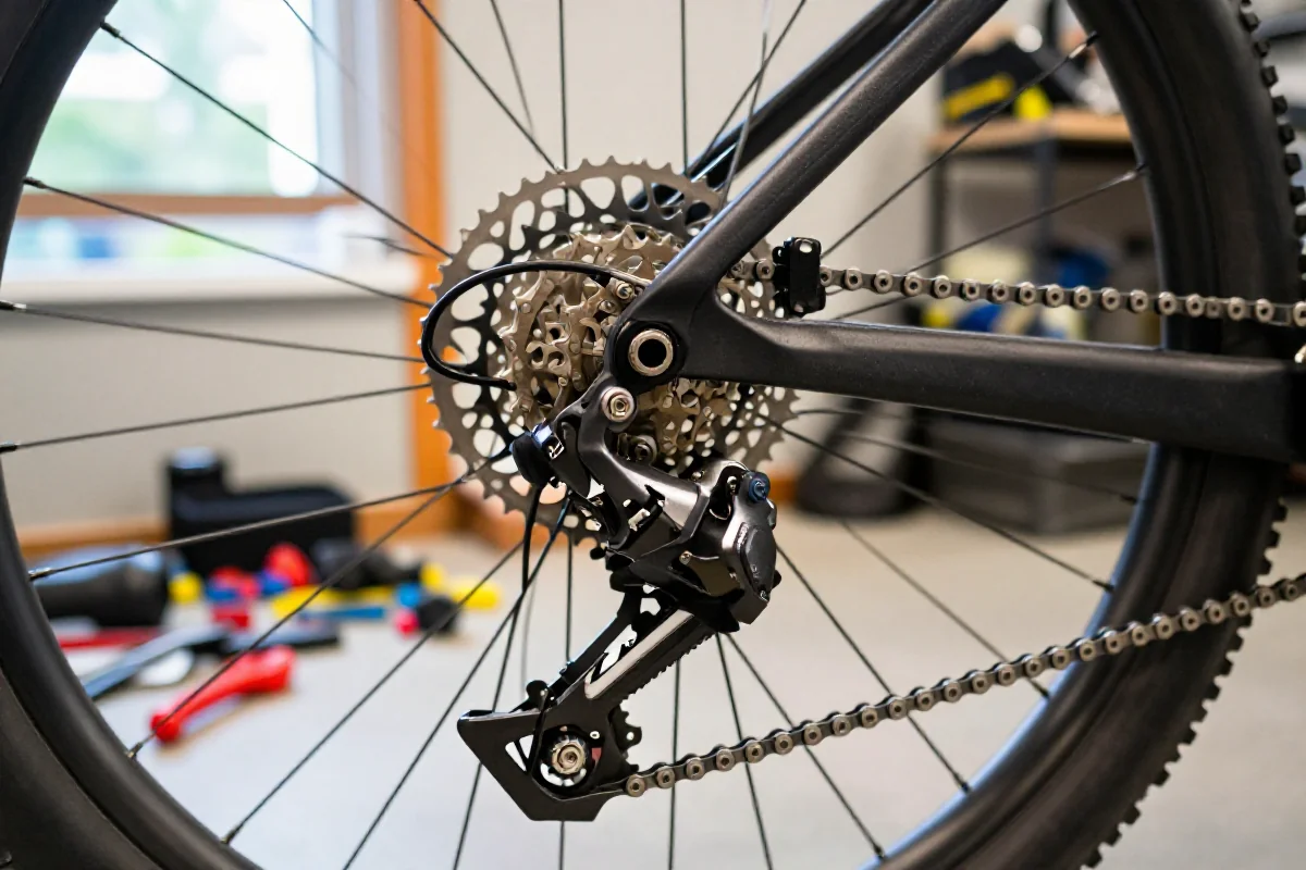 Szczegóły tylnej przerzutki SRAM GX w rowerze górskim, regulacja komponentów