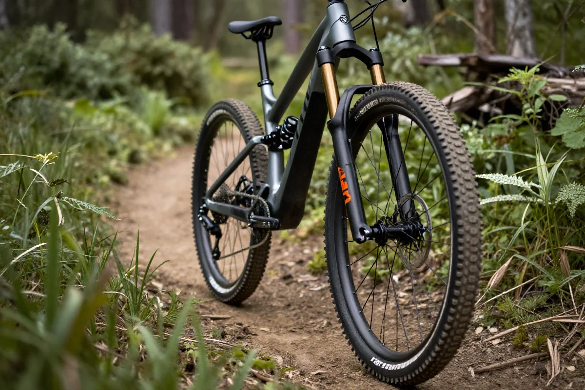 Nowoczesny e-MTB na wąskim singlu, ukazujący detale ramy i kół.