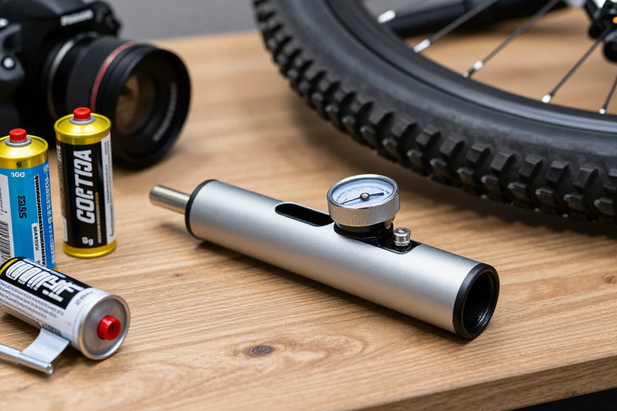 Inflator CO2 do rowerów na stole warsztatowym z kartridżami.