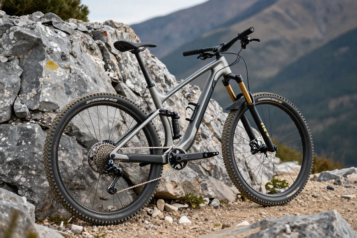 Rower górski na tle górskich skał, idealny do jazdy w trudnych warunkach.
