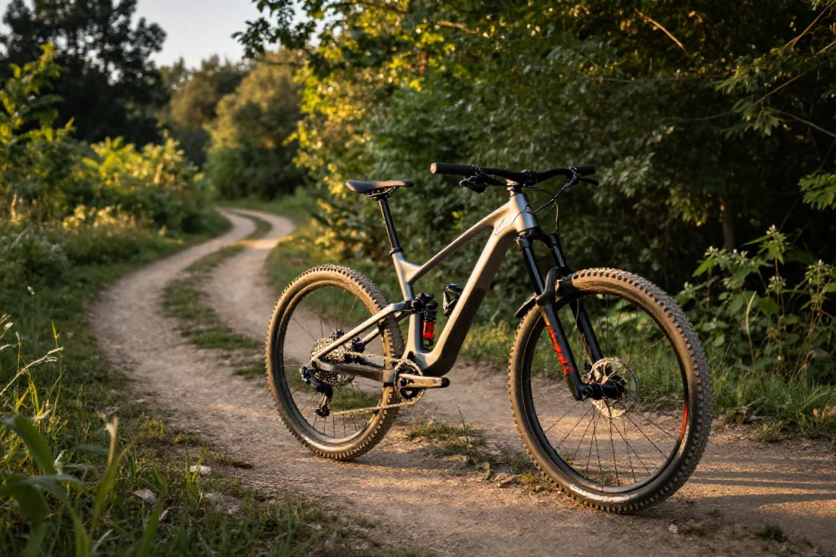 Rower górski na szlaku w parku rowerowym, otoczony zielenią.