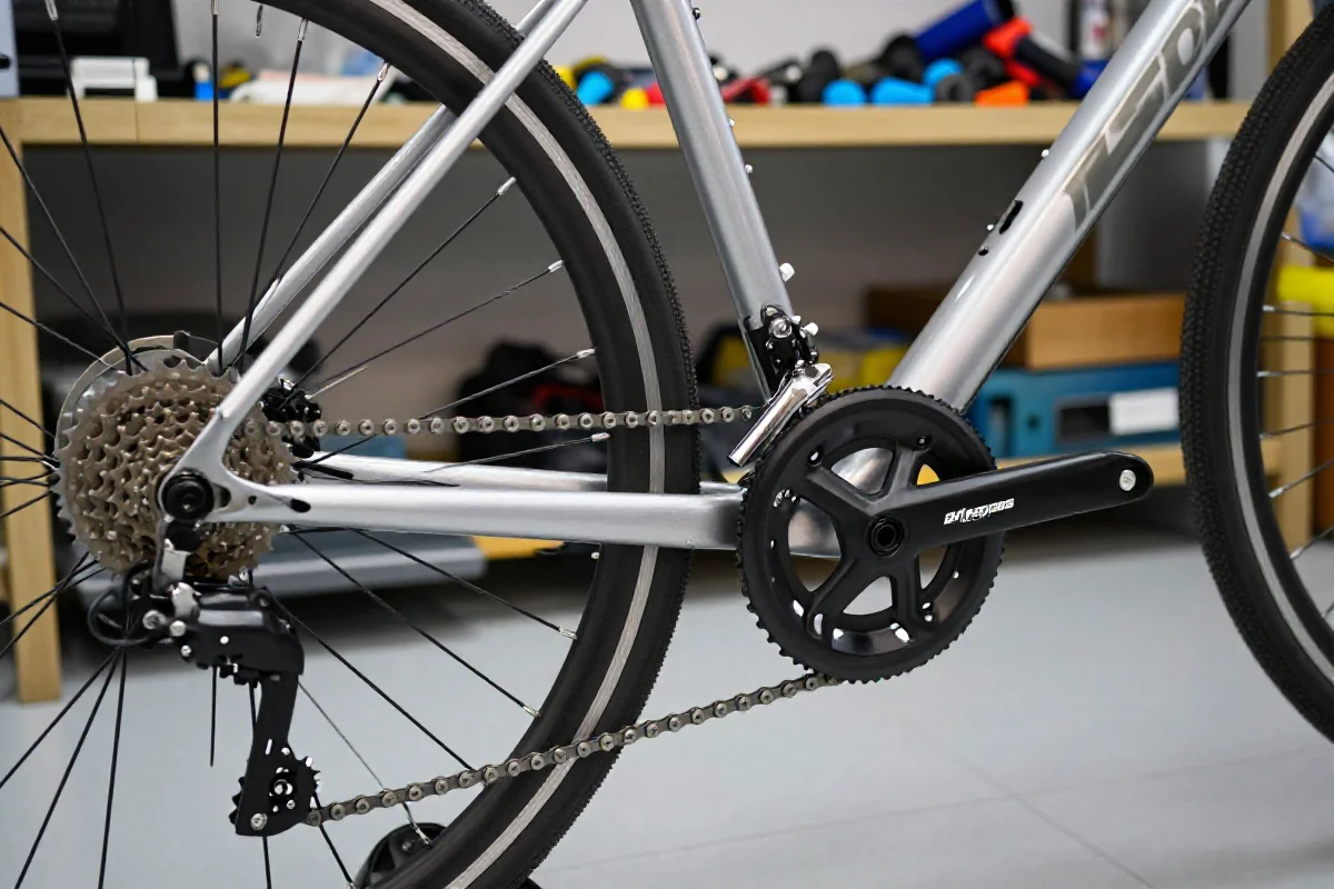 Zbliżenie na komponenty rowerowe w serwisie rowerowym, z naciskiem na napęd.