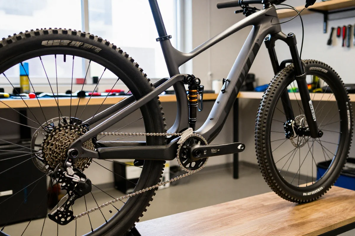 Warsztat rowerowy - serwis MTB z widocznymi detalami roweru górskiego